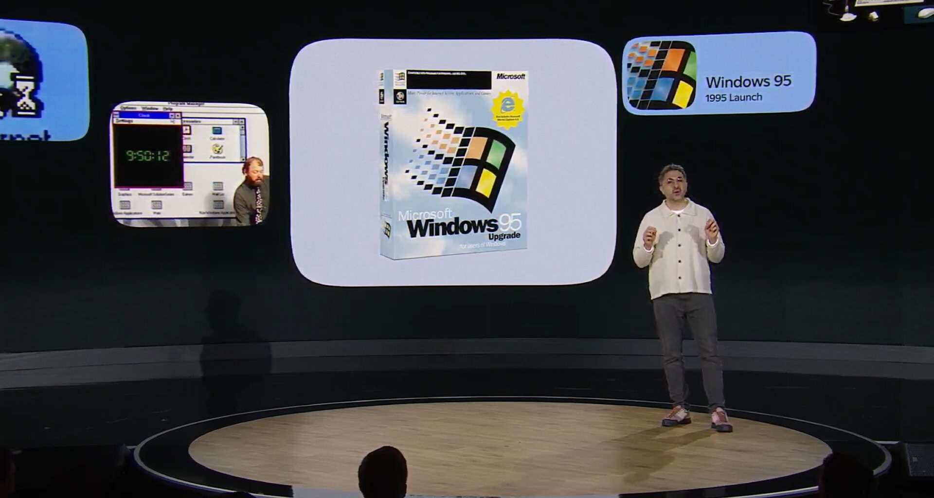 Microsoft 50th Anniversary event Windows 95 and Mustafa on stage