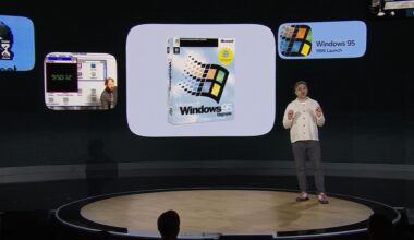 Microsoft 50th Anniversary event Windows 95 and Mustafa on stage