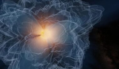 An illustration of the sun's atmosphere, with a glowing ball of orange light surrounded by light blue and white squiggles against a dark background