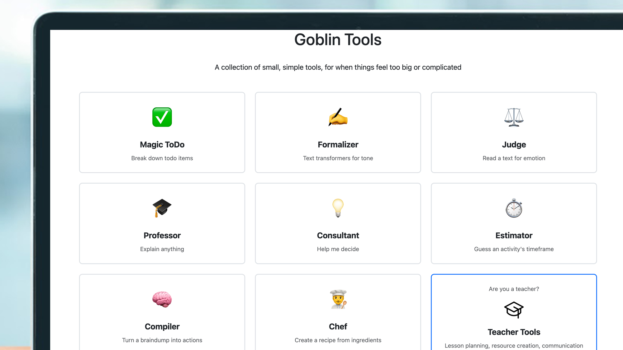 A laptop screen showing the Goblin Tools website