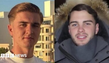 Two images side-by-side. On the left there is a young man with combed-back blonde hair. On the right it is an image of a young man with short brown hair and a beard wearing a coat.