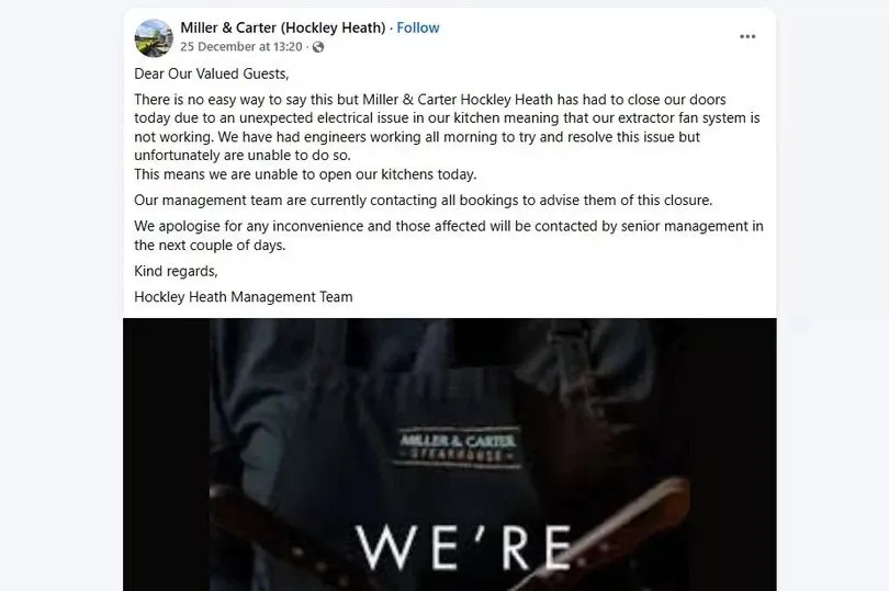 The Miller & Carter Hockley Heath's Facebook post about Christmas dinner cancellations