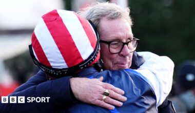 Jockey Ben Jones hugs owner Harry Redknapp after The Jukebox Man wins the 2025 King George VI Chase at Kempton Park