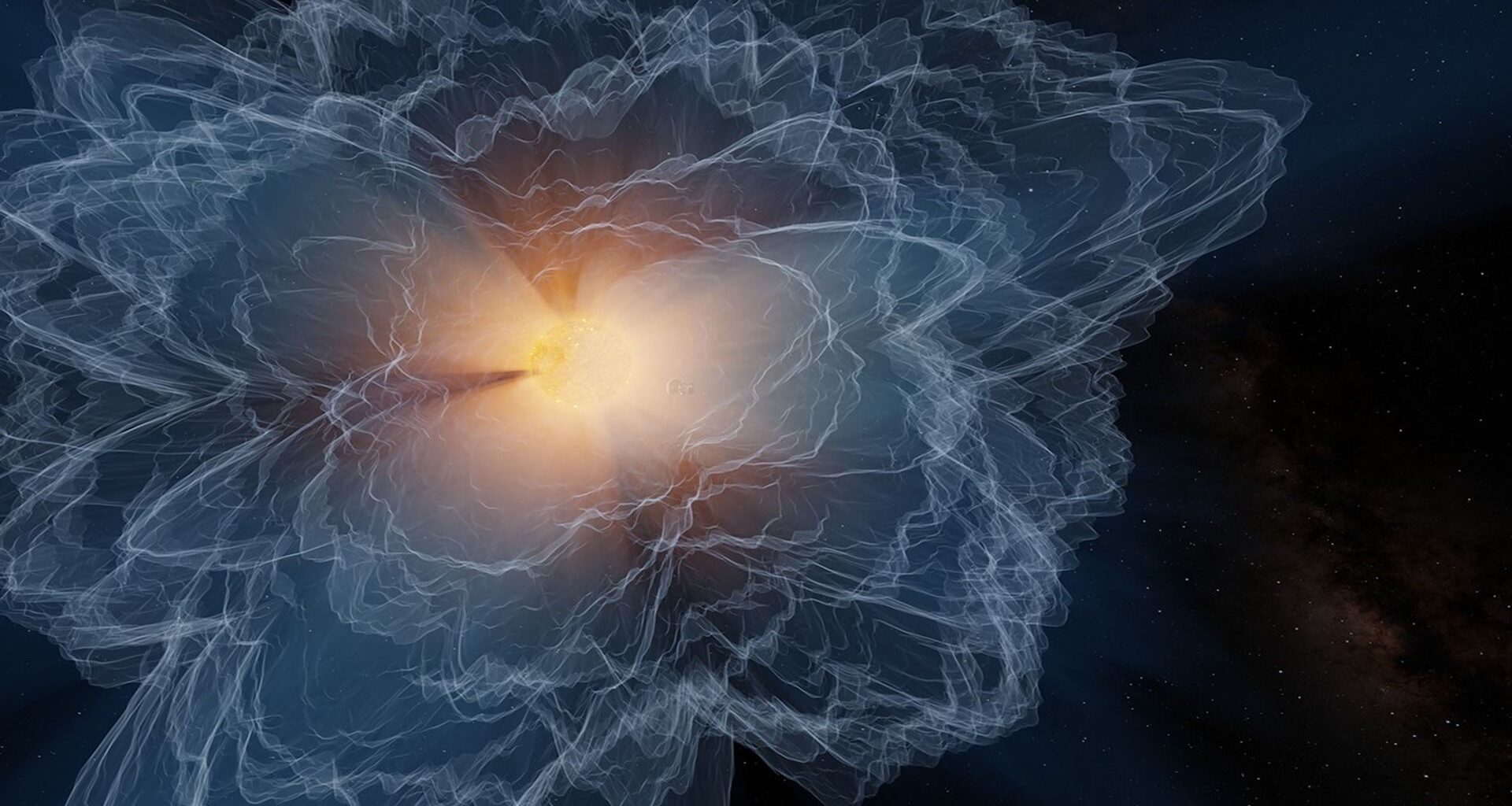 Illustration showing a bright yellow ring with rays of orange yellow light coming out of it, all surrounded by petals of blue and white light against a black background.