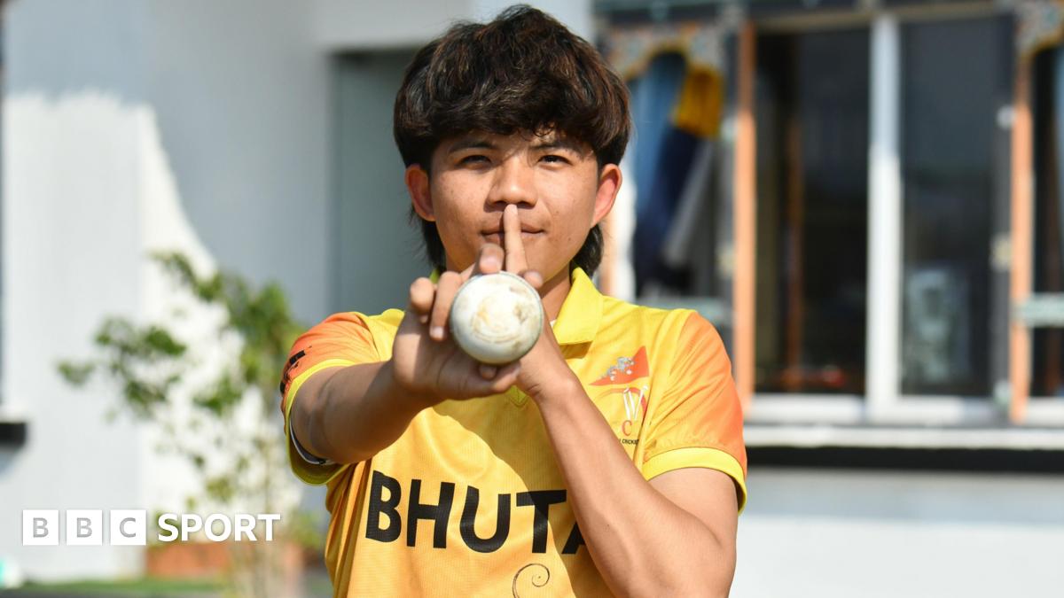 Sonam Yeshey puts his finger to lips to celebrate taking eight wickets for Bhutan