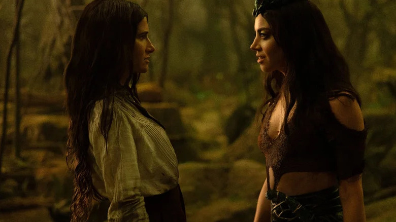 Kathryn Hahn's Agatha Harkness and Aubrey Plaza's Rio Vidal standing face to face on Agatha All Along