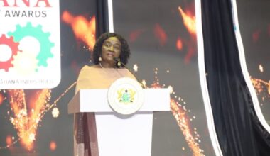 Prof. Naana Jane Opoku-Agyemang (middle), Vice-President, with Elizabeth Ofosu-Adjare (2nd from left), Minister of Trade, Agribusiness and Industry; Dr Nora Bannerman-Abbott (left), Chairperson, AGI Awards Planning Committee, and Dr Humphrey Ayim Darke (2nd from right), outgoing President, AGI, at the 14th Ghana Industry and Quality Awards