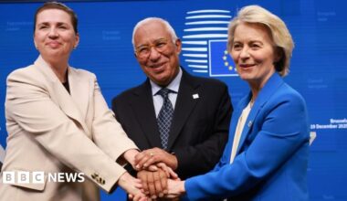 Danish Prime Minister Mette Frederiksen (L), European Council President Antonio Costa (C) and European Commission President Ursula von der Leyen