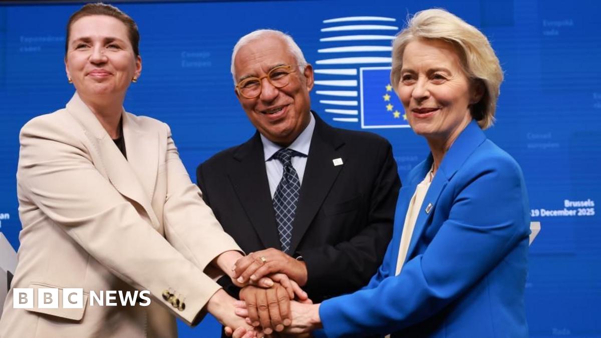 Danish Prime Minister Mette Frederiksen (L), European Council President Antonio Costa (C) and European Commission President Ursula von der Leyen