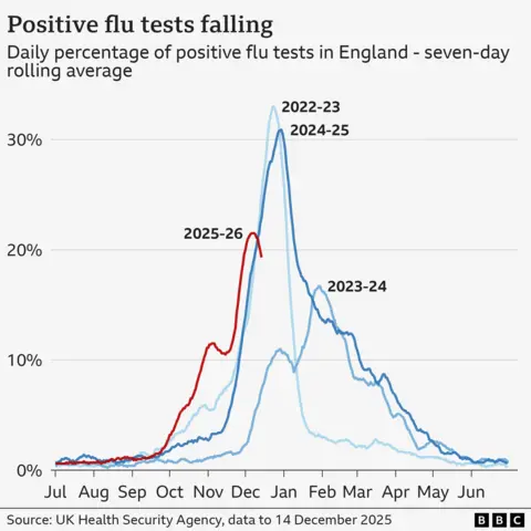 Line chart showing that positive tests for flu fell in the latest week to 14 December, down from over 21% in the previous week to just above 19%. In previous bad flu seasons in 2022 and 2024 they were at around 25% and 23% respectively at the same time. The chart shows that flu cases this year started rising earlier than in 2023 and 2024.