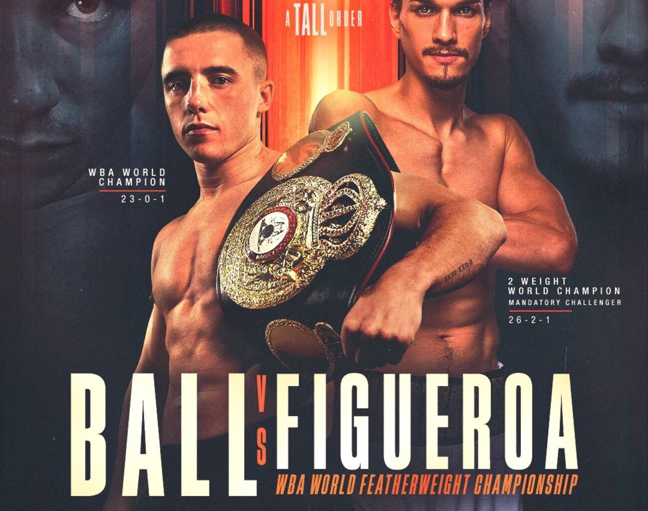Promotional poster for Nick Ball vs. Brandon Figueroa, showing WBA featherweight champion Ball holding his title belt beside challenger Figueroa, with event details for their February 7 fight at the M&S Bank Arena in Liverpool.