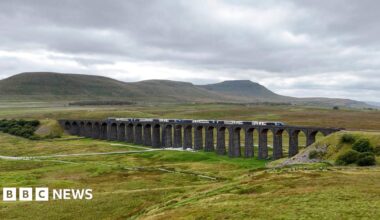 A train running along the Settle to Carlisle railway line over the Ribblehead Viaduct. The stone viaduct with its many arches is surrounded by rolling green land with fells in the background.