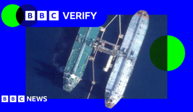 An image showing the seized tanker refuelling. It is imposed over the BBC Verify branding and colours.