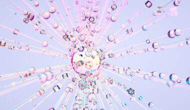 Digital generated image of abstract glass sphere clonning to many small spheres connected between each other.