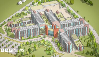 An artist's impression of the new hospital showing a large hospital building surrounded by roads, trees and grass.
