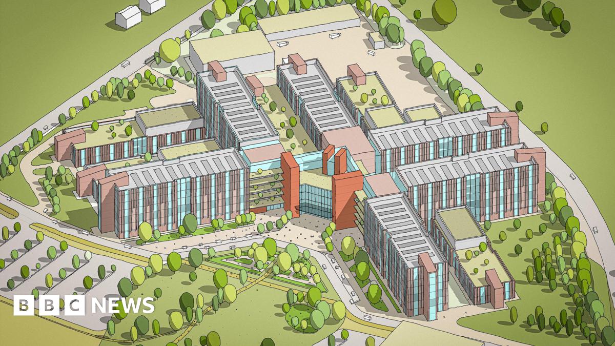 An artist's impression of the new hospital showing a large hospital building surrounded by roads, trees and grass.
