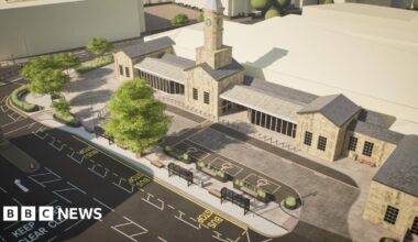 A 3D architectural rendering of a modern transport hub beside a historic stone building with a clock tower. The scene includes marked bus stops, taxi bays with accessible parking spaces, covered waiting areas, benches, and landscaped trees.
