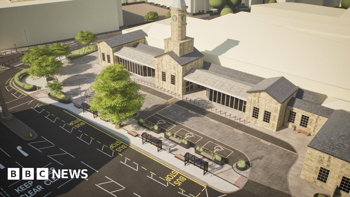 A 3D architectural rendering of a modern transport hub beside a historic stone building with a clock tower. The scene includes marked bus stops, taxi bays with accessible parking spaces, covered waiting areas, benches, and landscaped trees.