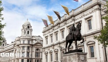 Whitehall street in London a cloudy day with cenotaph war memorial and Foreign and Commonwealth Office
