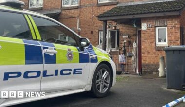 A police car parked in front of a brick house