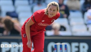 Phoebe Graham bowling for Lancashire