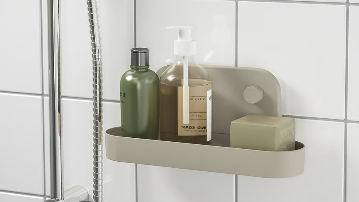 &Ouml;BON&Auml;S Wall shelf with suction cup, gray-beige, 11 ", in bathroom on wall next to shower