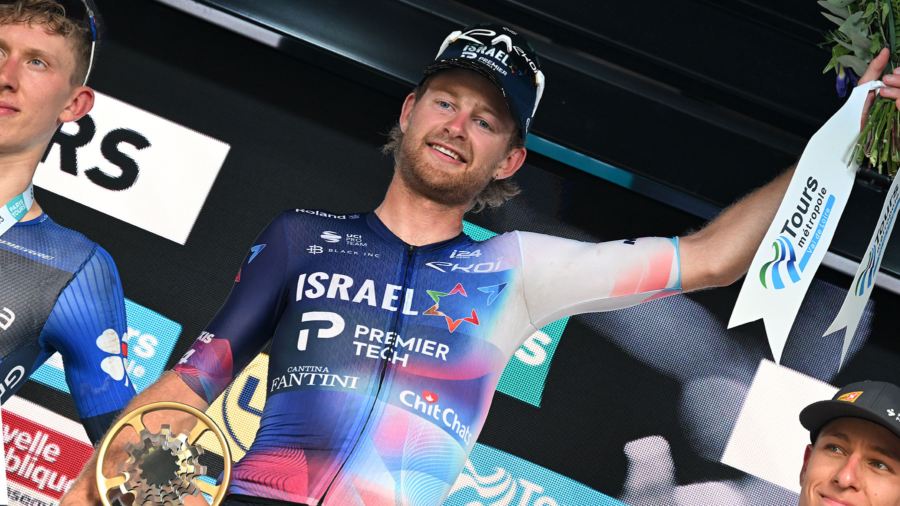 TOURS FRANCE OCTOBER 08 Riley Sheehan of The United States and Team Israel Premier Tech celebrates at podium as race winner during the 117th Paris Tours 2023 a 2139km one day race from Chartres to Tours on October 08 2023 in Tours France Photo by Bruno BadeGetty Images