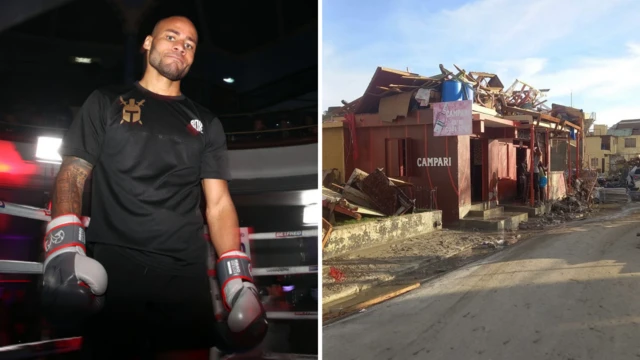 Split image of Troy Williamson in boxing gloves and a destroyed sports bar his family owns