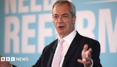 A photograph of Nigel Farage wearing a black suit and a pink tie. He is standing in front of a blue background and the words 'NEEDS REFORM' can be seen.