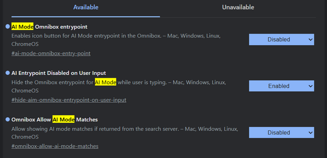 Disable AI Mode entrypoint, enable entrypoint disabled on user input, and disable allow AI Mode matches