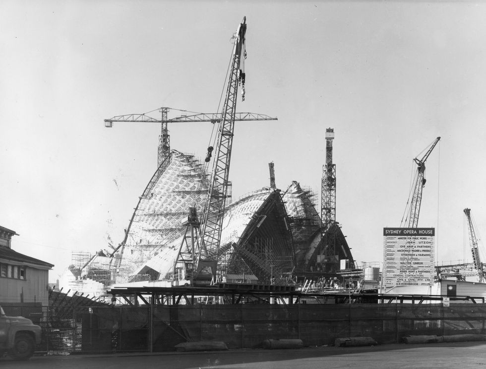 Construction of the shell-shaped roof of the Sydney Opera House in December 1963