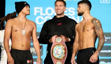 Gabe Flores and Joe Cordina face-off at weigh-in with promoter Eddie Hearn in between them holding belt.