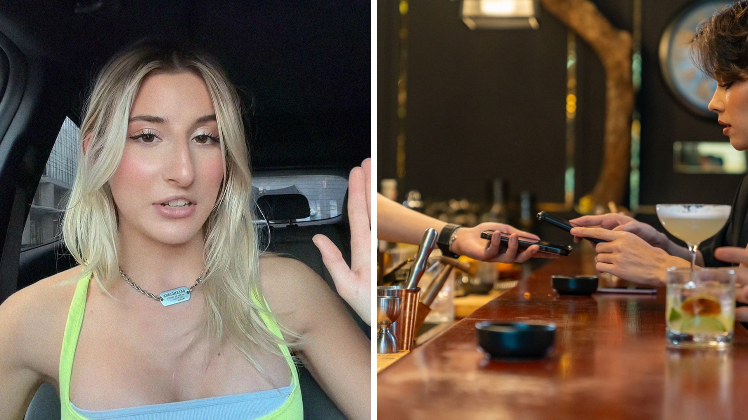 woman shares work experiences (l) woman paying bartender with apple pay (r)