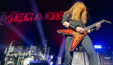 Dave Mustaine of Megadeth seen performing live on stage. Megadeth played London's O2 Arena as Special guests of the Band Disturbed on their 25th Anniversary tour Sick Things