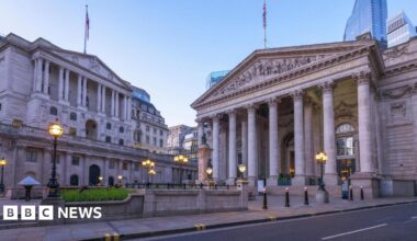 Bank of England building at dusk with street lamps on.