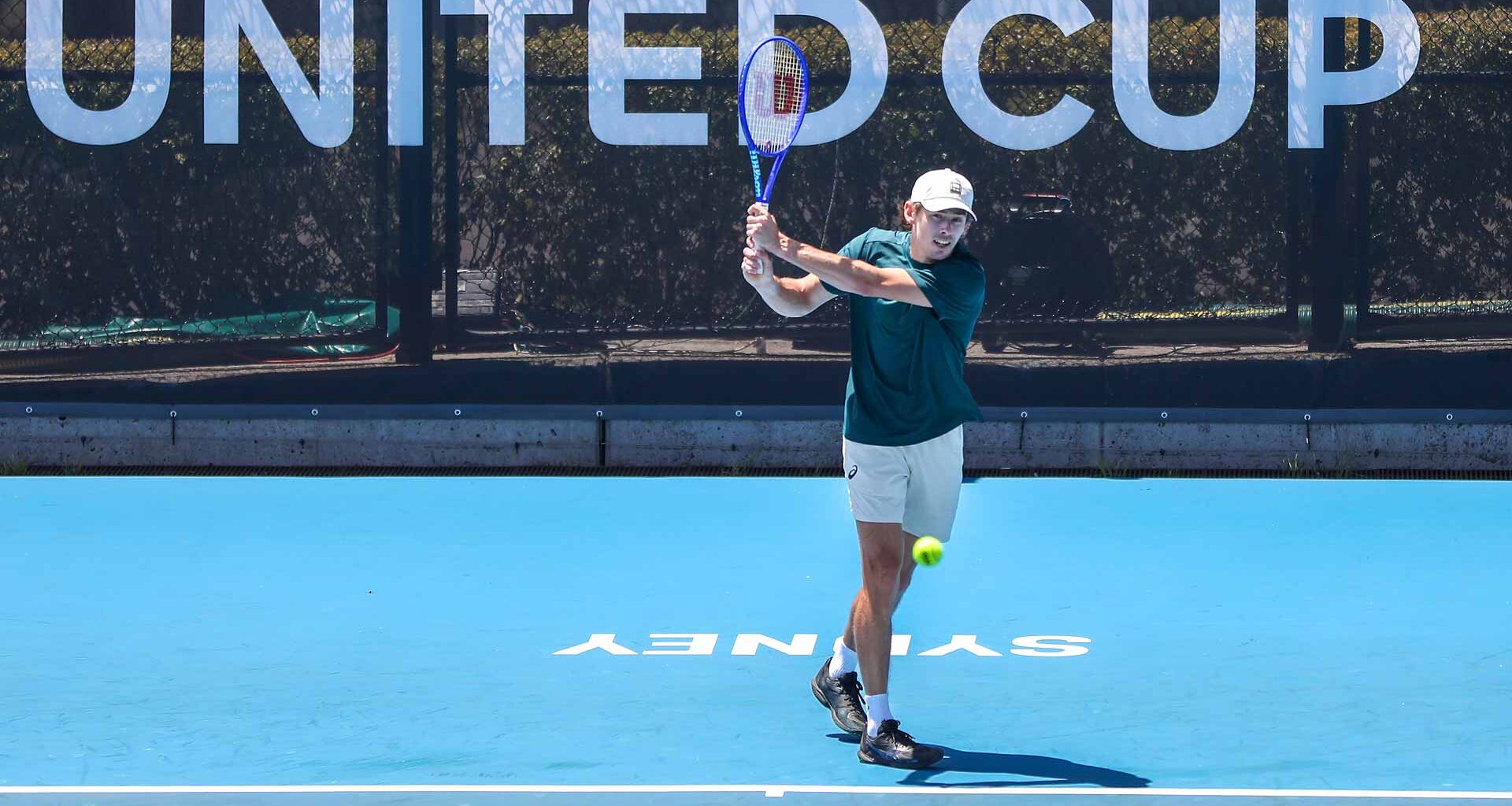 Alex de Minaur trains on Tuesday in Sydney ahead of the United Cup.
