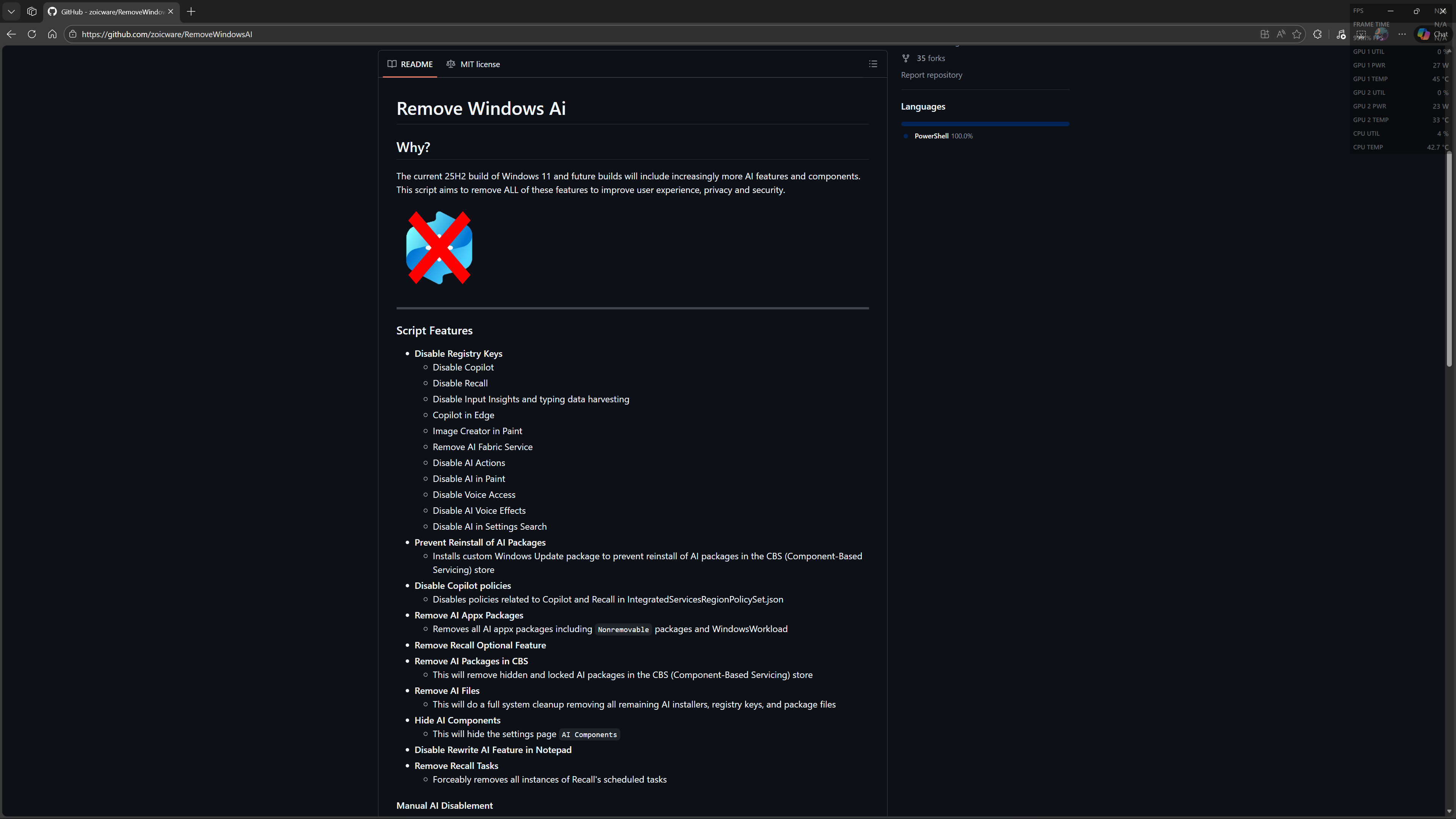 RemoveWindowsAI script on GitHub