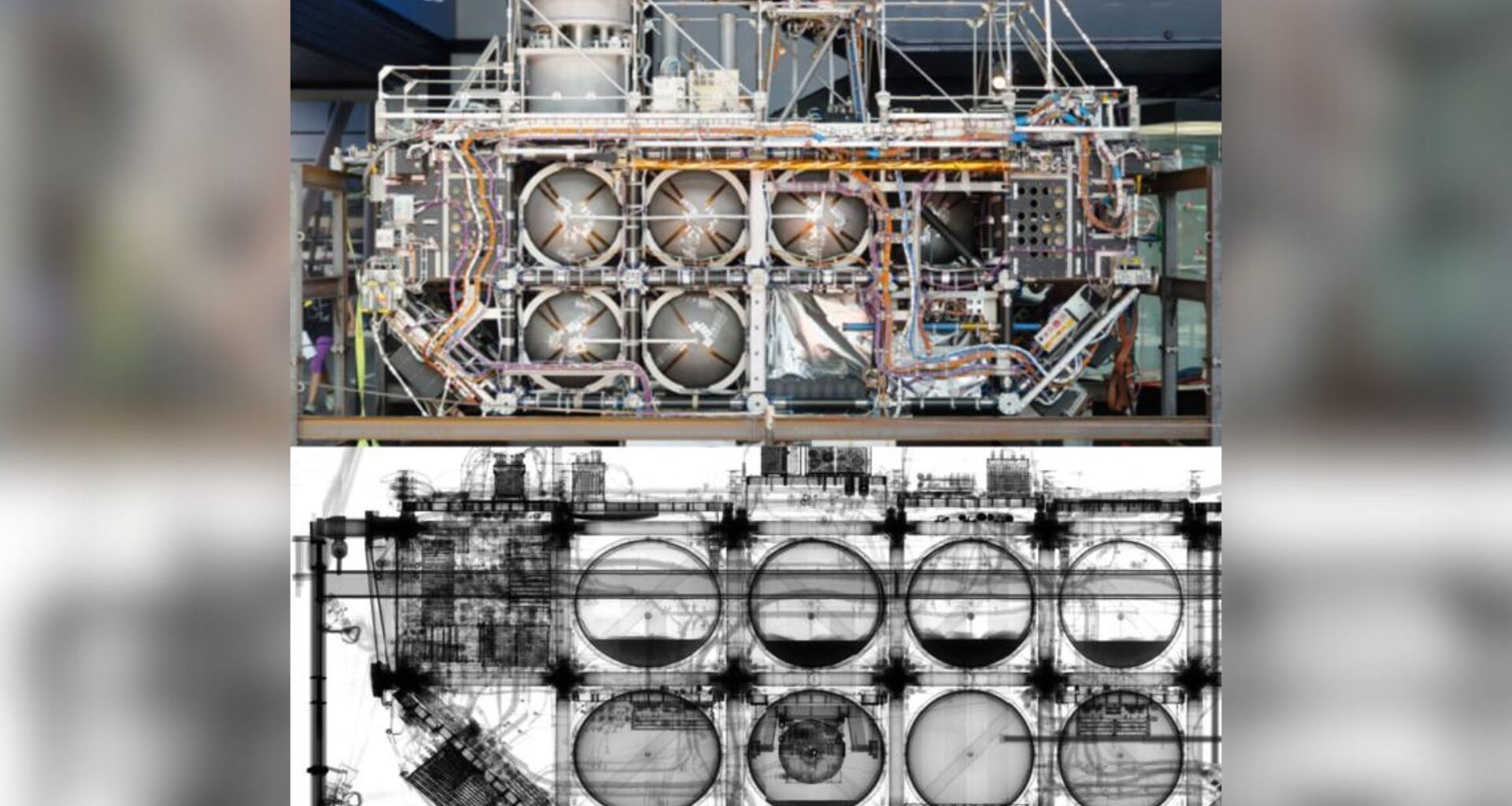 Two images side by side, one showing the metal cylinders and wires that make up a large boxy satellite and the other being a black and white x-ray image of the satellite showing its hollow features