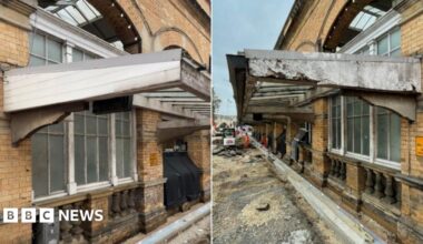 Side by side images showing, from different angles, a crumbling bus shelter canopy coming our from a brick buildings.