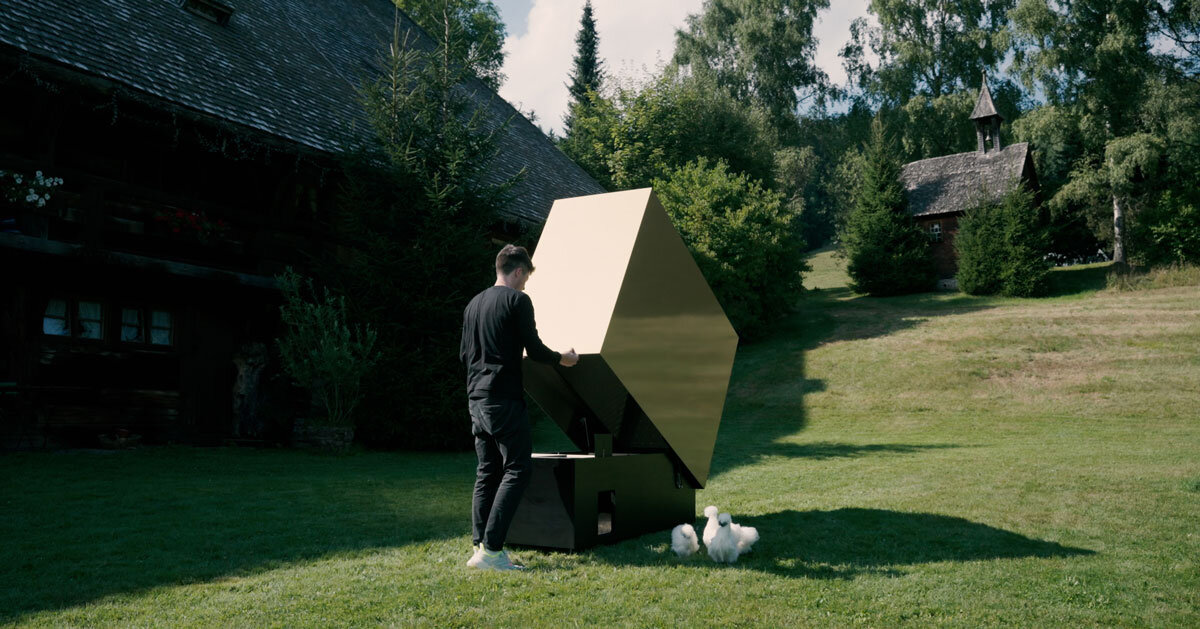 gold facade wraps minimal geometric chicken coop for six fowls