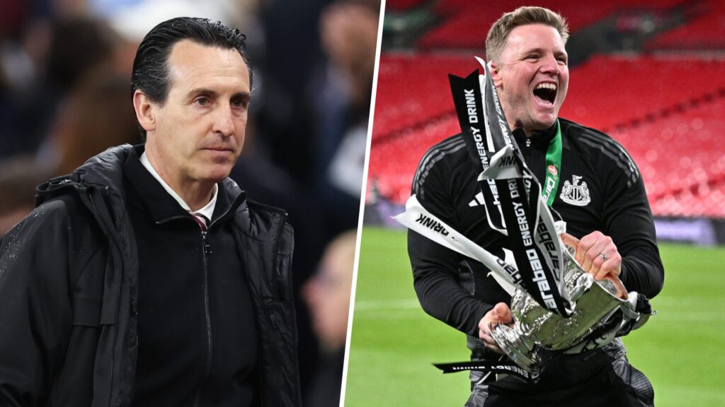 A split image showing Unai Emery managing Aston Villa and Newcastle United manager Eddie Howe lifting the Carabao Cup trophy.