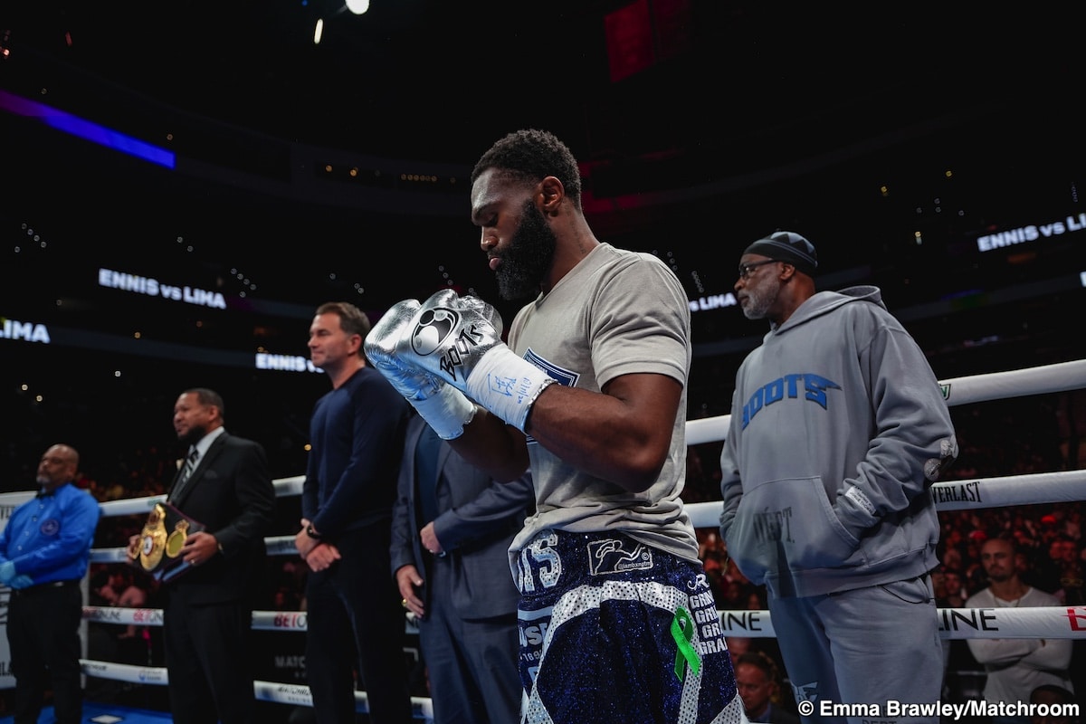 Jaron “Boots” Ennis stands inside the ring wearing gloves before his fight against Uisma Lima on October 11, 2025, at the Wells Fargo Center in Philadelphia.
