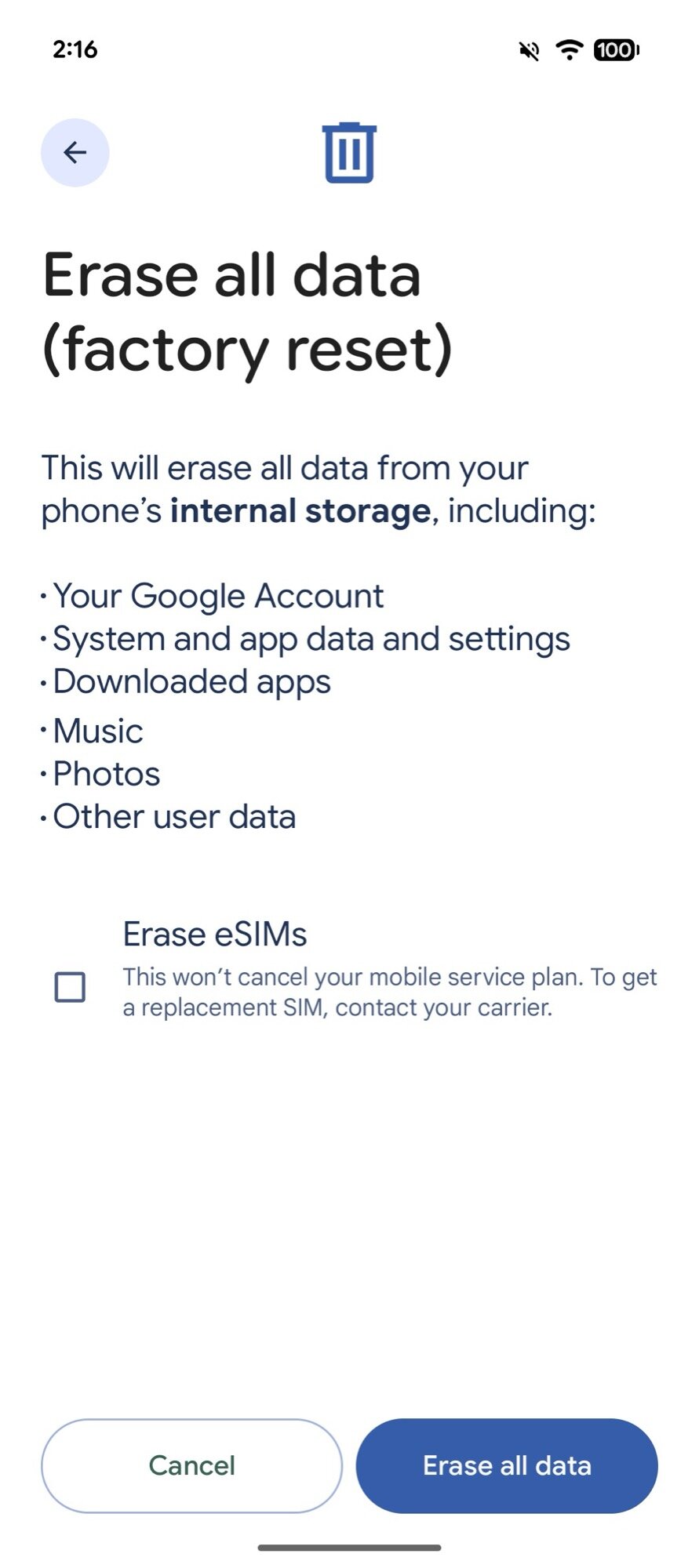erase all data factory reset 1 no google account