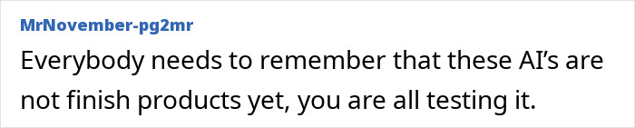 Screenshot of online comment discussing that AI products are still in testing, relevant to ChatGPT experts' concerns after tragedy.