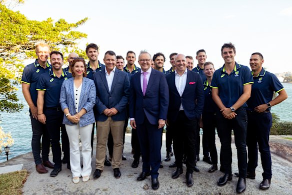 Wells and Prime Minister Anthony Albanese with the Australian men’s cricket team at Kirribilli House in January this year.