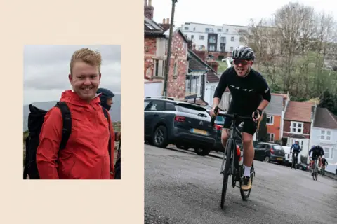 Adam Becket Left: an image of Adam Becket on a walk. Right: Adam Becket on a bicycle on a hill