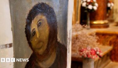 A photograph of Cecilia Giménez's restoration of Elias Garcia Martinez's Ecce Homo painting with a church visible in the background.