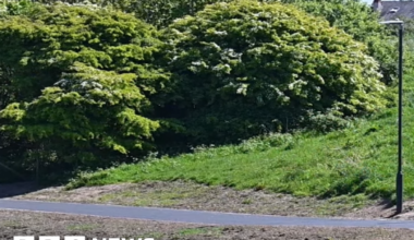Cycle path through green hills with a red circle sign showing a cycle and a street light on the path. There is a man with his back to the camera walking the path. He is wearing a blue top and jeans.