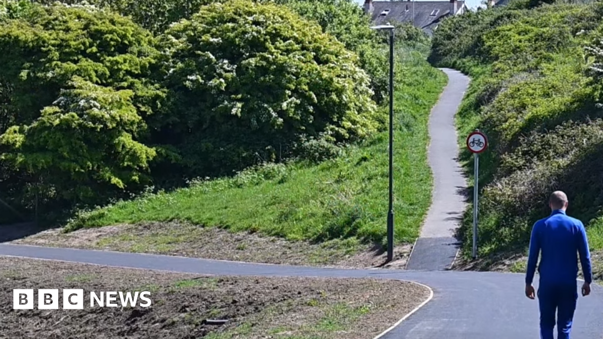 Cycle path through green hills with a red circle sign showing a cycle and a street light on the path. There is a man with his back to the camera walking the path. He is wearing a blue top and jeans.