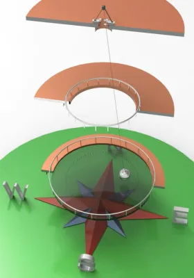 Overview of the foucault pendulum system, with the electromagnets that sustain the movement on top. (Credit: Houston Museum of Natural Science)